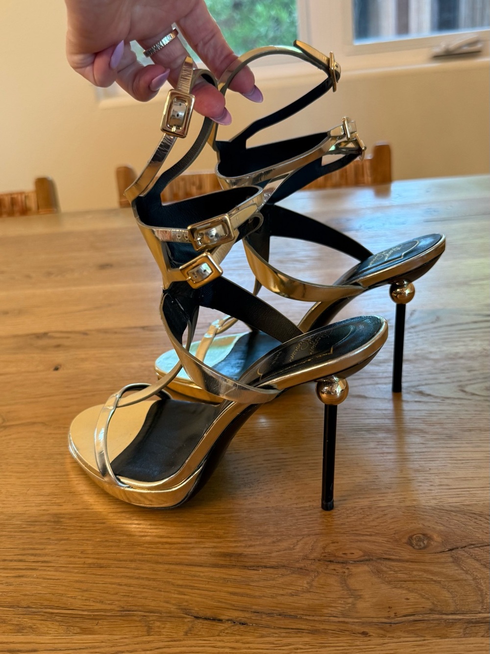 Roger Vivier Gold and Black Strappy Stiletto Sandals
